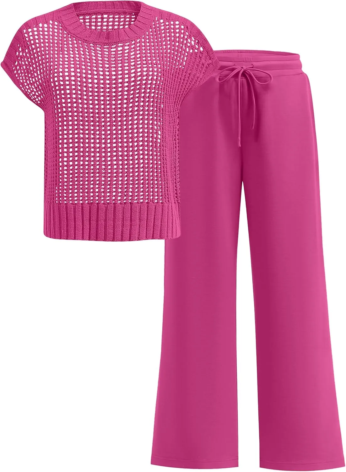 ANRABESS Women Two Piece Outfits Crochet Sheer Knit Sweater Top Wide Leg Pants Lounge Matching Sets Sweatsuit Travel Clothes