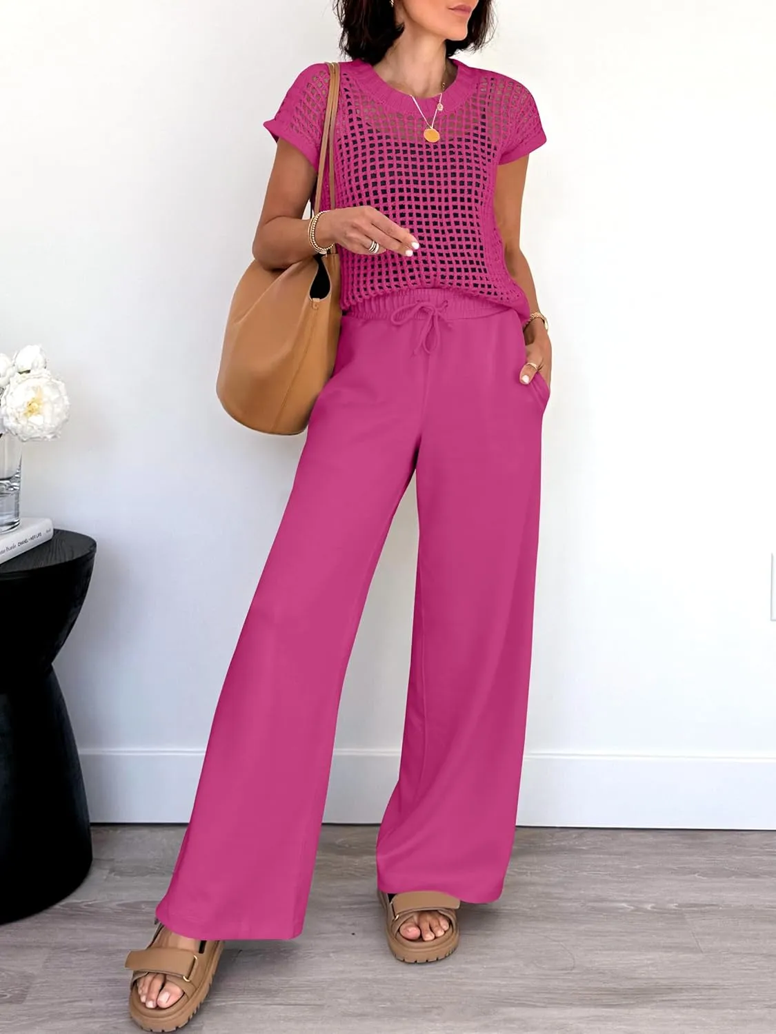 ANRABESS Women Two Piece Outfits Crochet Sheer Knit Sweater Top Wide Leg Pants Lounge Matching Sets Sweatsuit Travel Clothes