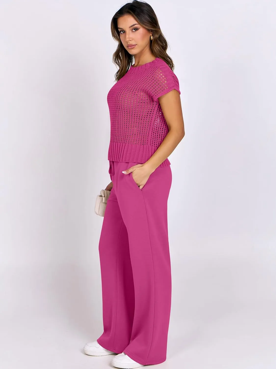 ANRABESS Women Two Piece Outfits Crochet Sheer Knit Sweater Top Wide Leg Pants Lounge Matching Sets Sweatsuit Travel Clothes