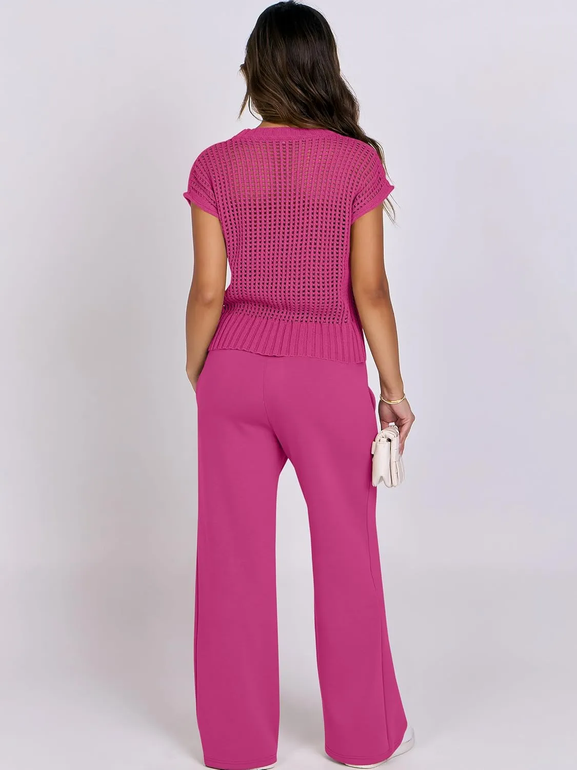 ANRABESS Women Two Piece Outfits Crochet Sheer Knit Sweater Top Wide Leg Pants Lounge Matching Sets Sweatsuit Travel Clothes