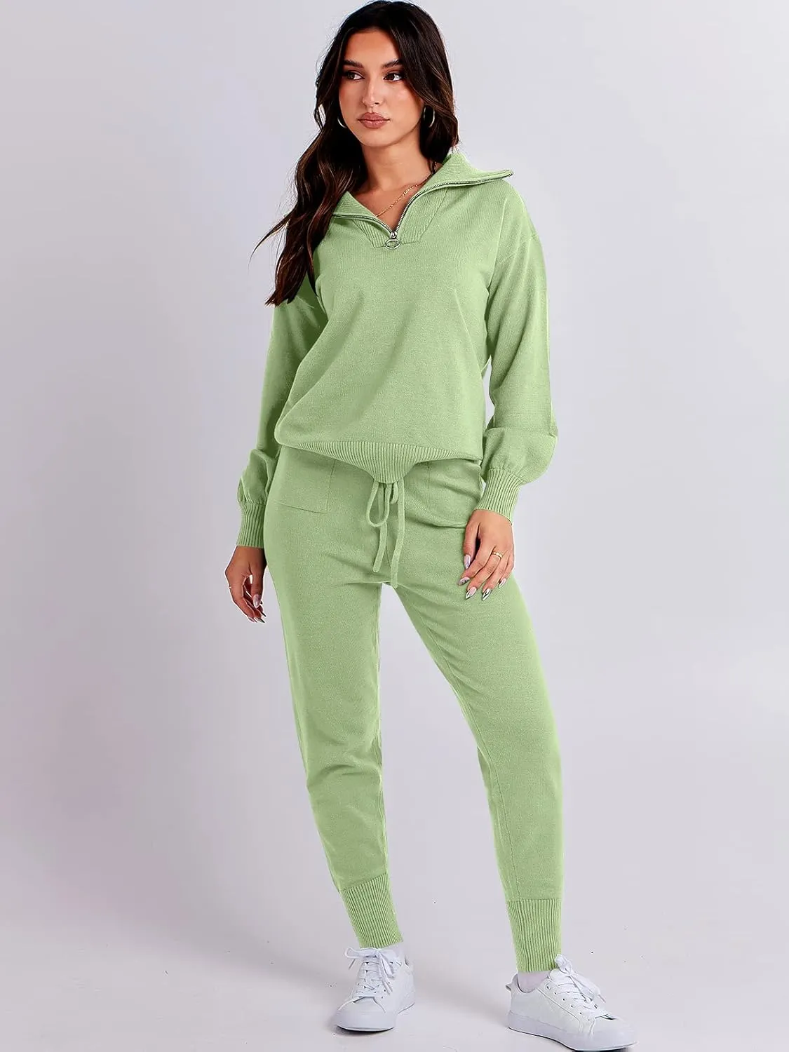 ANRABESS Women's Two Piece Outfits Sweater Sets Long Sleeve Zip Up Knit Pullover Jogger Pants Tracksuit 2024 Fall Lounge Sets