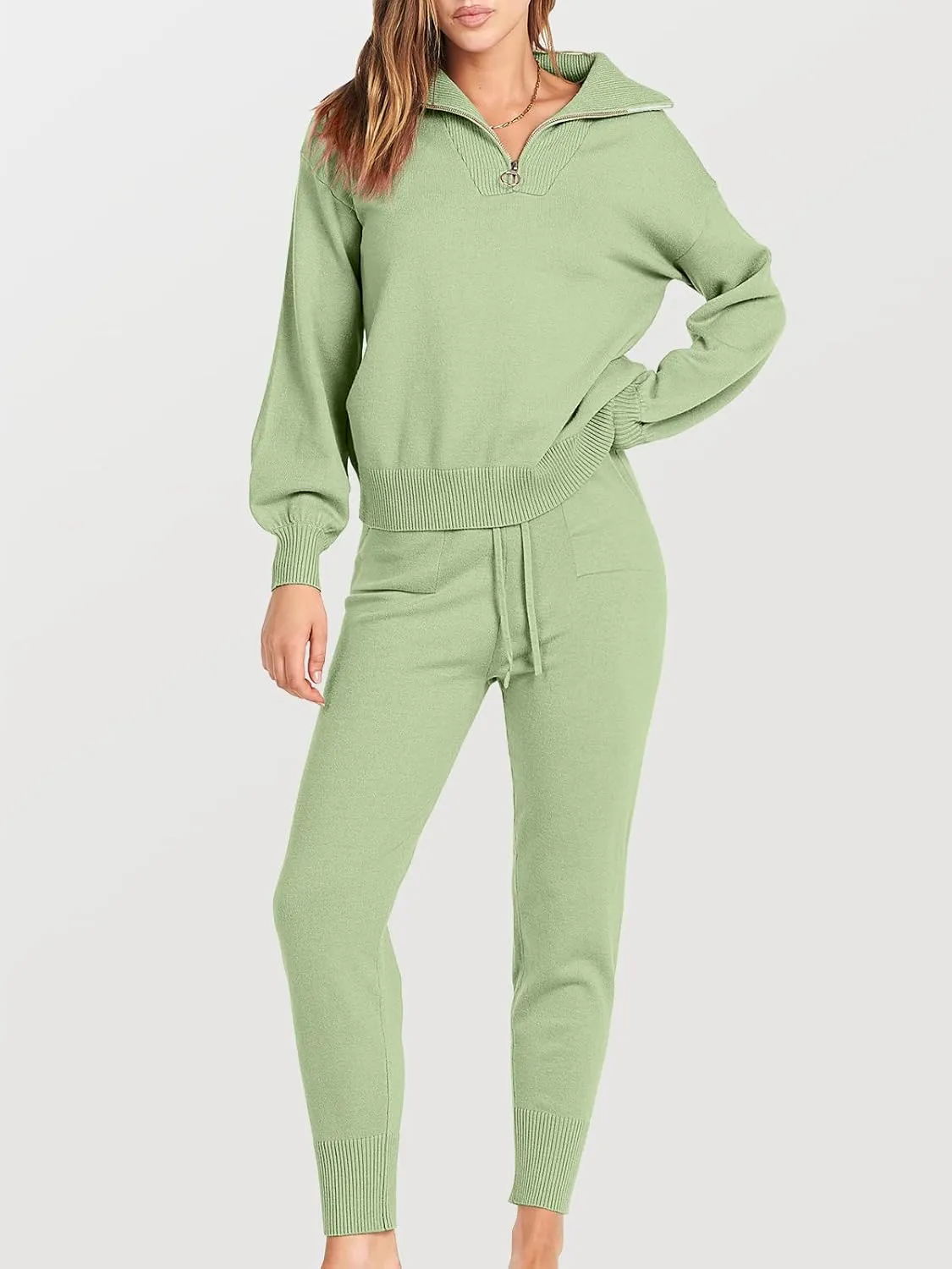 ANRABESS Women's Two Piece Outfits Sweater Sets Long Sleeve Zip Up Knit Pullover Jogger Pants Tracksuit 2024 Fall Lounge Sets