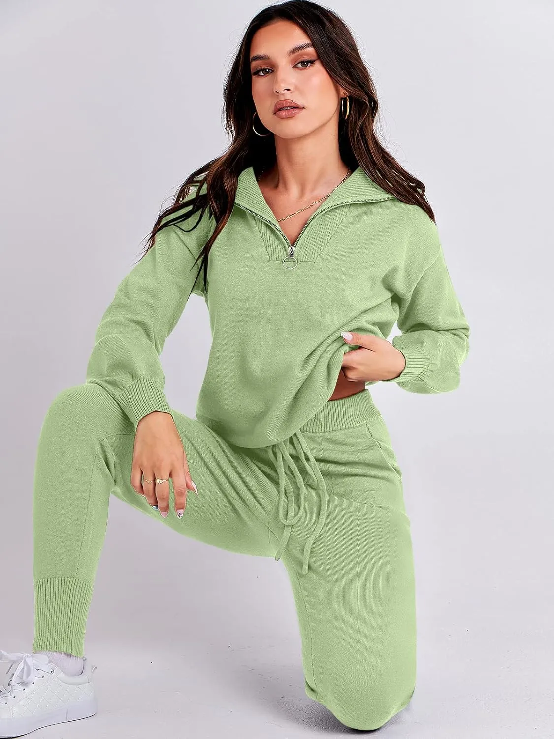 ANRABESS Women's Two Piece Outfits Sweater Sets Long Sleeve Zip Up Knit Pullover Jogger Pants Tracksuit 2024 Fall Lounge Sets