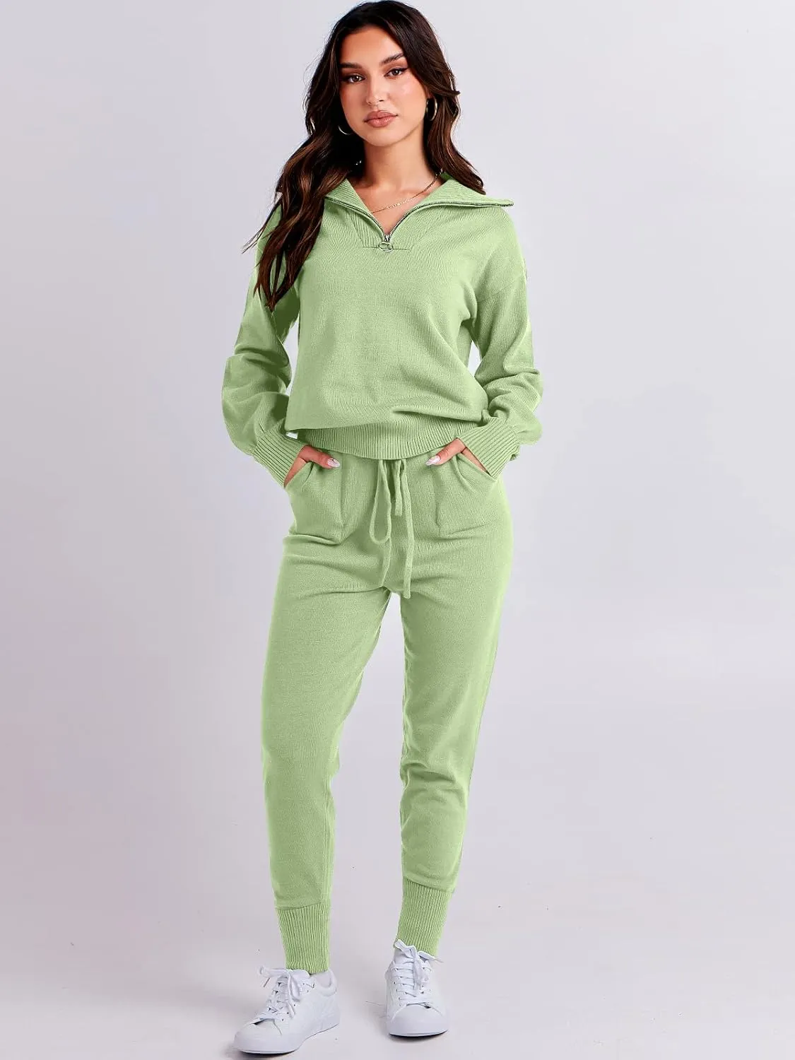 ANRABESS Women's Two Piece Outfits Sweater Sets Long Sleeve Zip Up Knit Pullover Jogger Pants Tracksuit 2024 Fall Lounge Sets