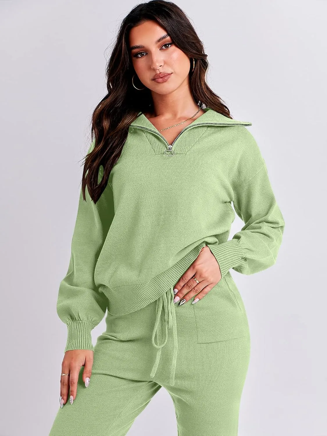 ANRABESS Women's Two Piece Outfits Sweater Sets Long Sleeve Zip Up Knit Pullover Jogger Pants Tracksuit 2024 Fall Lounge Sets