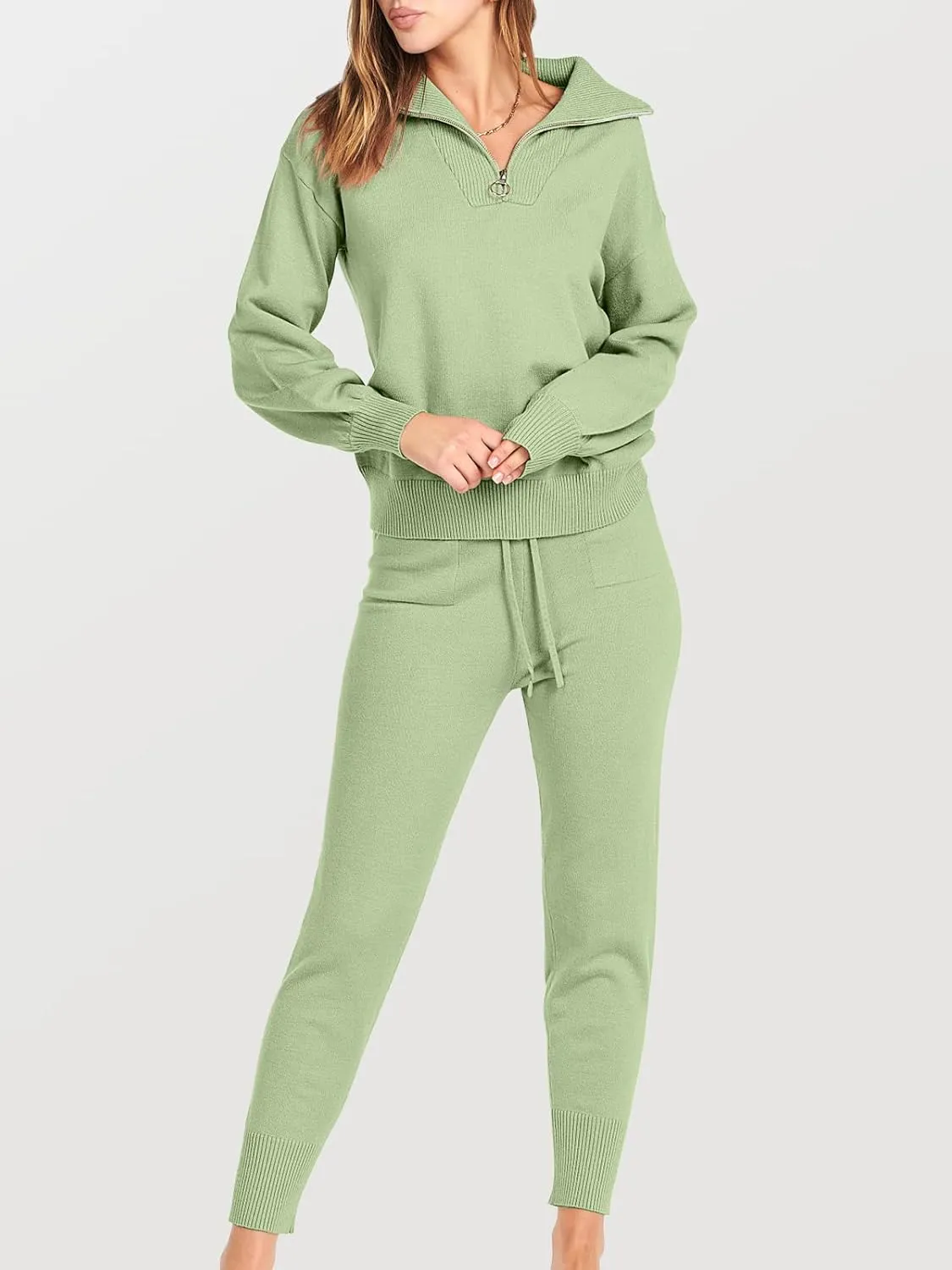 ANRABESS Women's Two Piece Outfits Sweater Sets Long Sleeve Zip Up Knit Pullover Jogger Pants Tracksuit 2024 Fall Lounge Sets