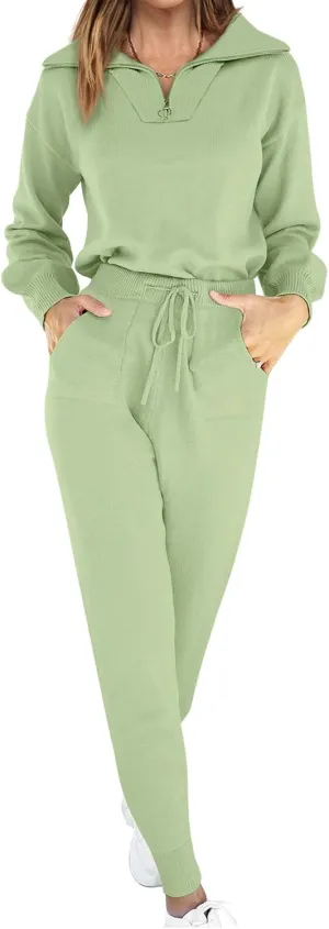 ANRABESS Women's Two Piece Outfits Sweater Sets Long Sleeve Zip Up Knit Pullover Jogger Pants Tracksuit 2024 Fall Lounge Sets