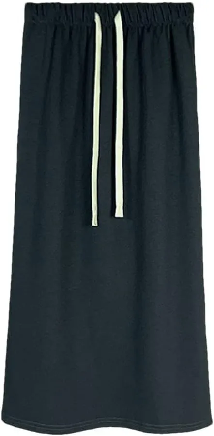 Autumn Winter Women Split Skirt Drawstring Elastic Waist Long Midi Skirts