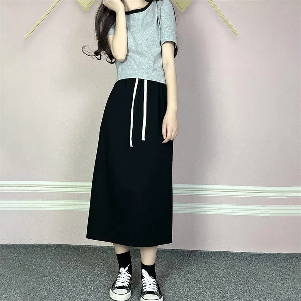 Autumn Winter Women Split Skirt Drawstring Elastic Waist Long Midi Skirts