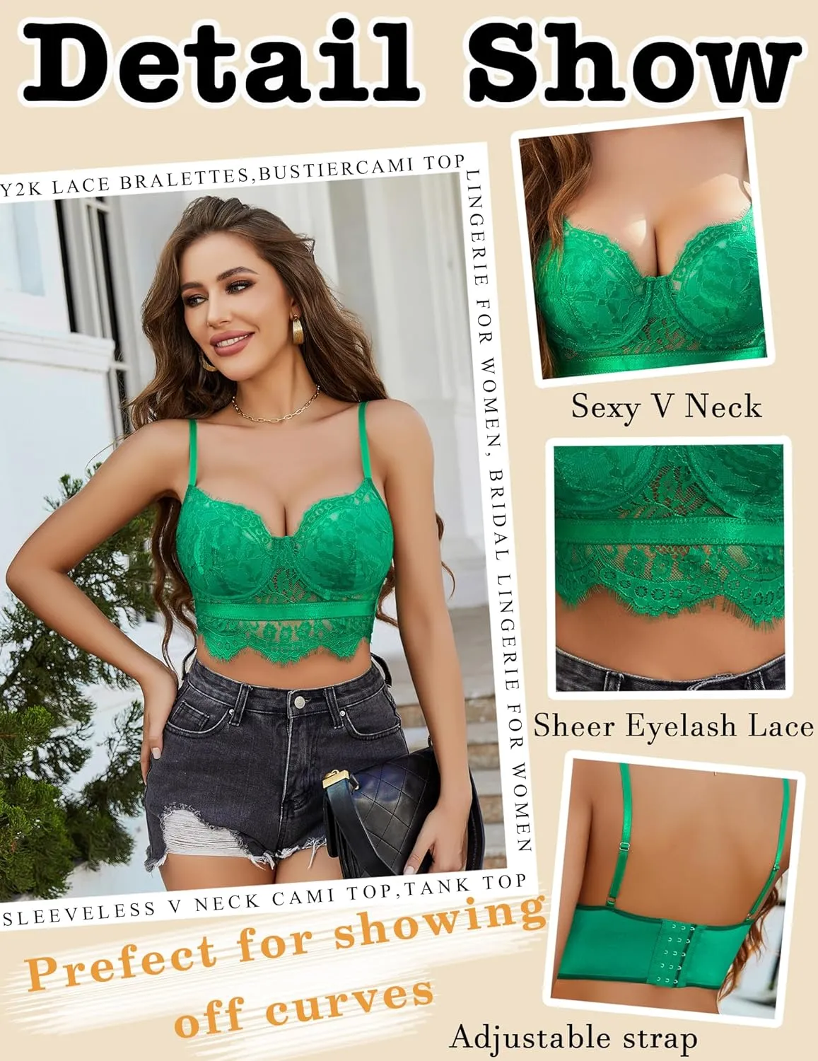 Avidlove Lace Bralettes for Women Y2k Strap Bustier Cami Top V Neck Camisole Lingerie