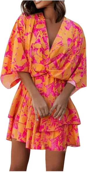 Beach Summer Dresses for Women 2025 Trendy Casual Sundress Ruffle Hawaiian Vacation Mini Dress V Neck Batwing Sleeve