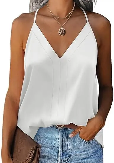 Beyove Womens Silk Satin Tank Tops V Neck Sleeveless Camisole Cami Spaghetti Straps Blouse Summer Loose Racerback Shirt