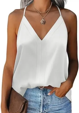 Beyove Womens Silk Satin Tank Tops V Neck Sleeveless Camisole Cami Spaghetti Straps Blouse Summer Loose Racerback Shirt