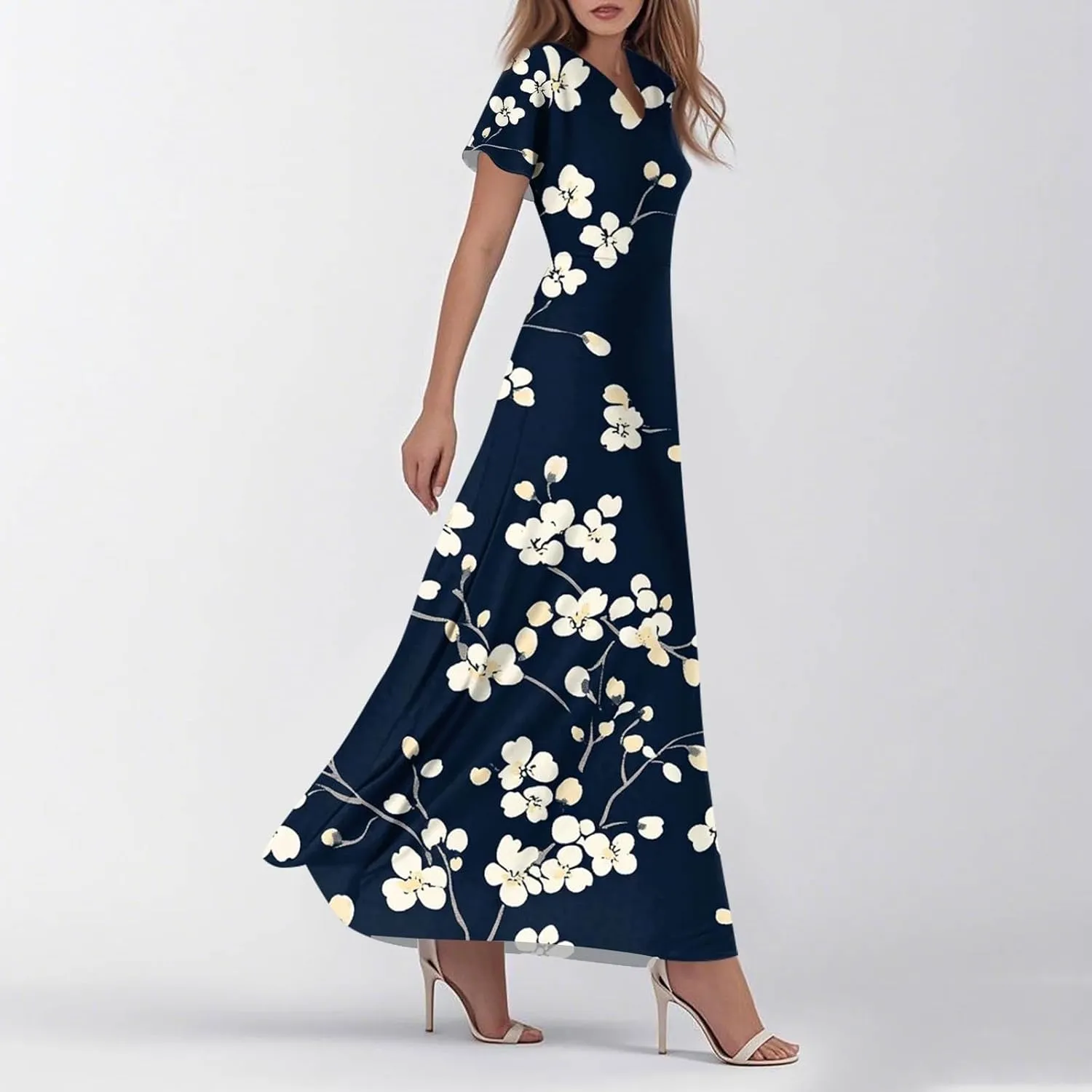 Boho Dresses for Women 2025 Floral Maxi Dress - Short Sleeve Summer Wedding Guest Dress Empire Waist Modest Midi Dresses