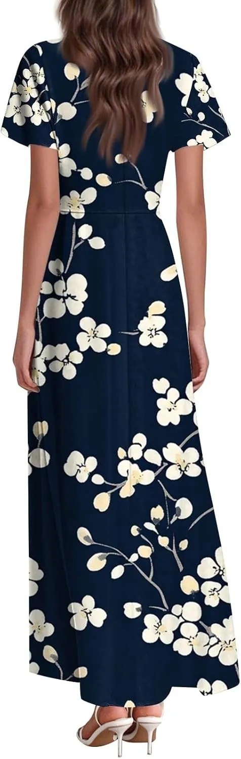 Boho Dresses for Women 2025 Floral Maxi Dress - Short Sleeve Summer Wedding Guest Dress Empire Waist Modest Midi Dresses
