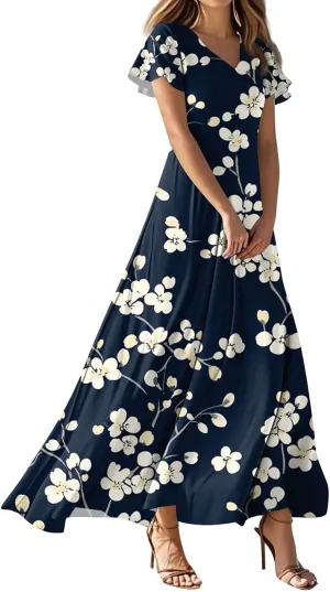 Boho Dresses for Women 2025 Floral Maxi Dress - Short Sleeve Summer Wedding Guest Dress Empire Waist Modest Midi Dresses
