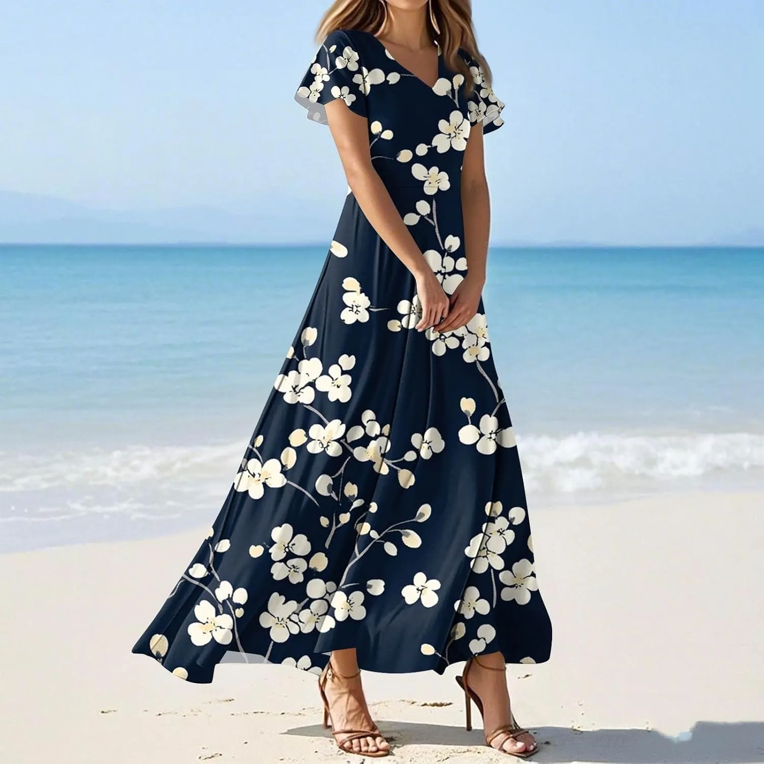 Boho Dresses for Women 2025 Floral Maxi Dress - Short Sleeve Summer Wedding Guest Dress Empire Waist Modest Midi Dresses