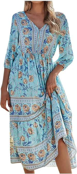 Boho Dresses for Women 2025 Summer Floral V-Neck Sleeves Puff Sleeve Maxi Dresses Flowy Beach Vacation Hawaiian Dress