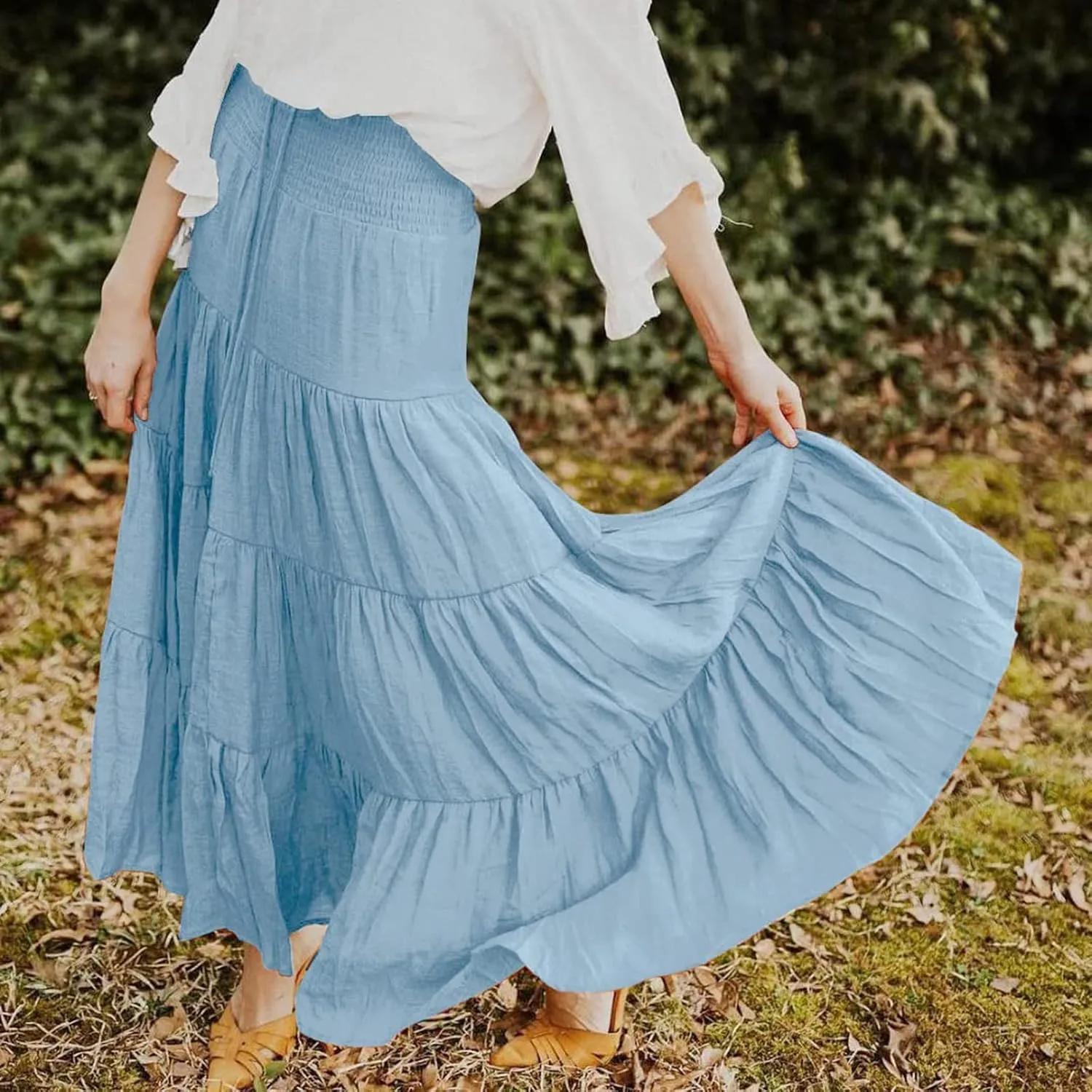 Boho Skirt Women Elastic High Waist Midi Skirt Flowy A Line Long Skirts Ruffle Swing Beach Maxi Pleated Skirts