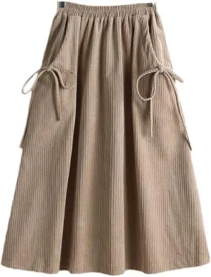 Bow Pocket Midi Long Corduroy Skirt, Women's Spring & Autumn High Waist Pleated, Female Khaki A-Line Style