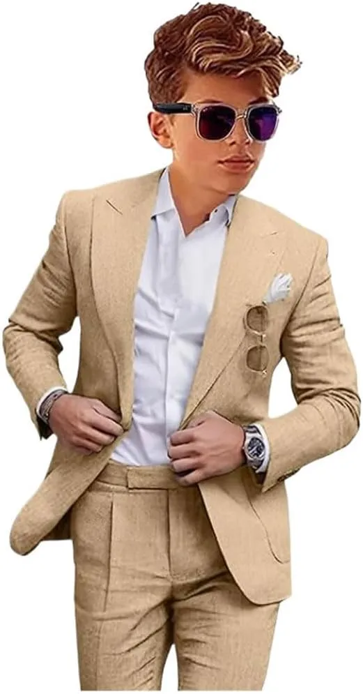 Boys Linen Suit for Summer Beach Wedding 2 PC Boys Formal Suits Peak Lapel Blazer Pants Vest Kids Wedding Suit