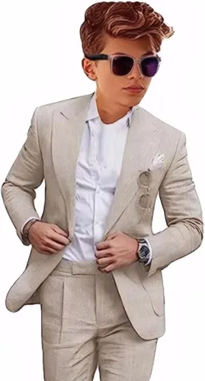 Boys Linen Suit for Summer Beach Wedding 2 PC Boys Formal Suits Peak Lapel Blazer Pants Vest Kids Wedding Suit