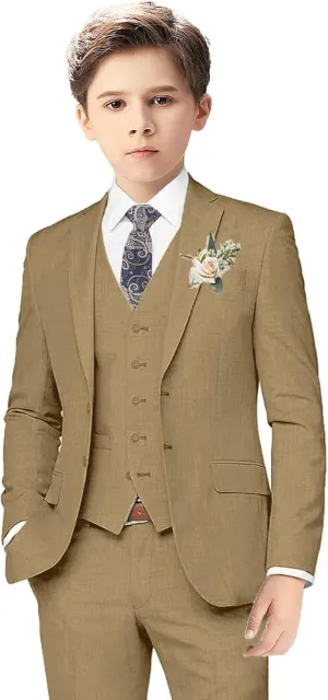 Boys Linen Suits for Kids Summer Slim Fit 3 Piece Beach Wedding Outfit Light Weight Tuxedo Linen Suit Set