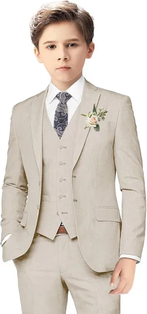 Boys Linen Suits for Kids Summer Slim Fit 3 Piece Beach Wedding Outfit Light Weight Tuxedo Linen Suit Set