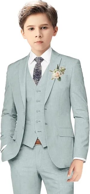 Boys Linen Suits for Kids Summer Slim Fit 3 Piece Beach Wedding Outfit Light Weight Tuxedo Linen Suit Set