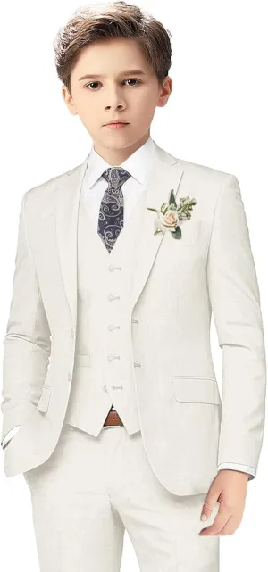Boys Linen Suits for Kids Summer Slim Fit 3 Piece Beach Wedding Outfit Light Weight Tuxedo Linen Suit Set