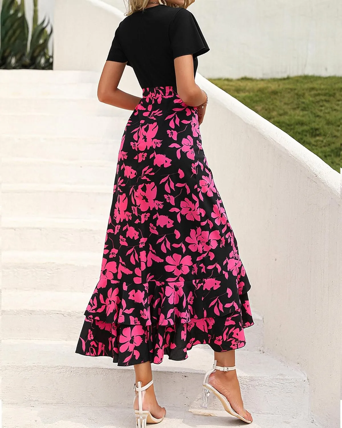 BTFBM Womens Maxi Summer Dresses 2025 Short Sleeve V Neck Boho Floral Print Belted High Low Ruffle Party Cocktail Dress