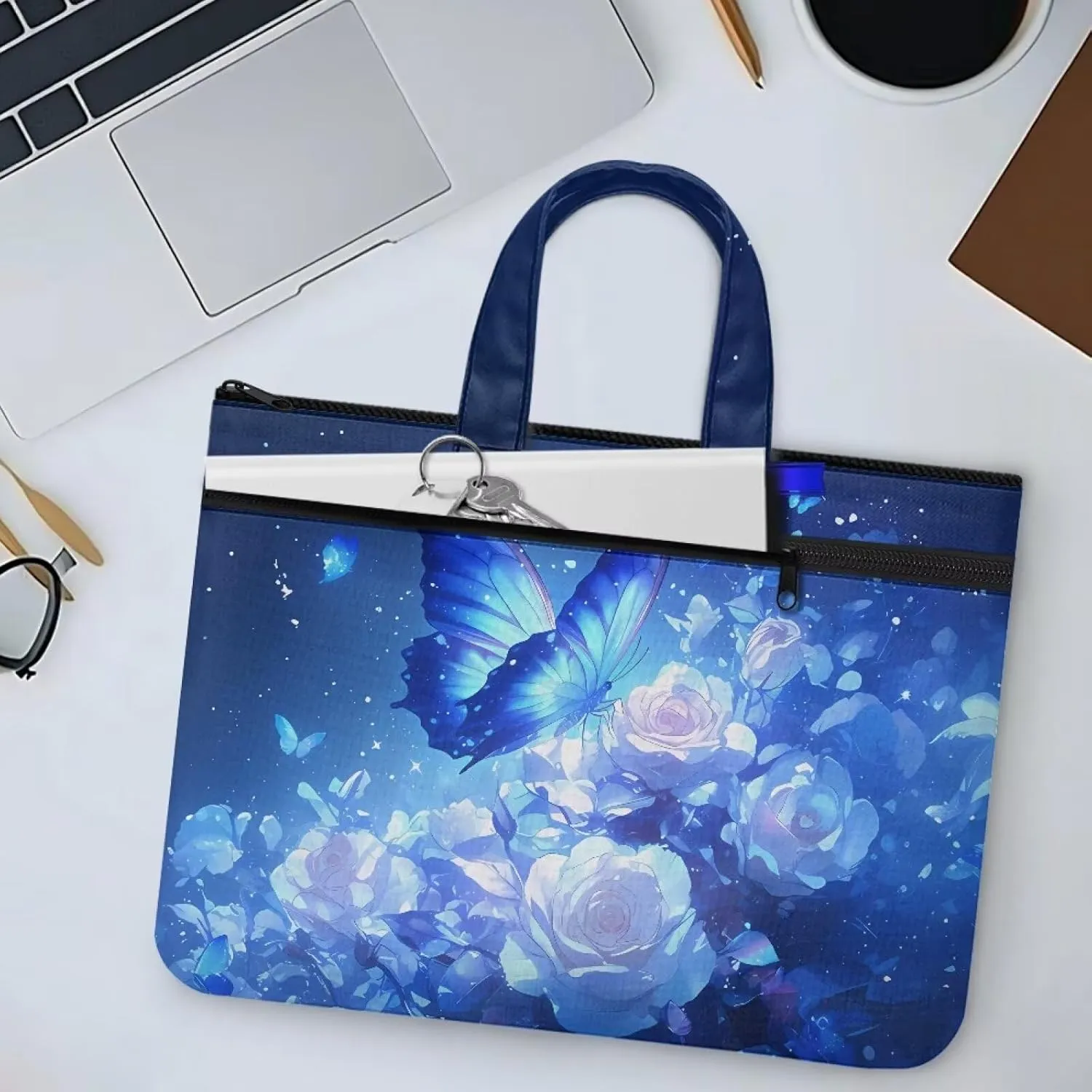 Butterfly Document Storage Organizer Dreamlike Large Canvas Document Organizer with Zipper Light Weight Double Pocket File Bag with Handle Portfolio for Office Meetings Travel
