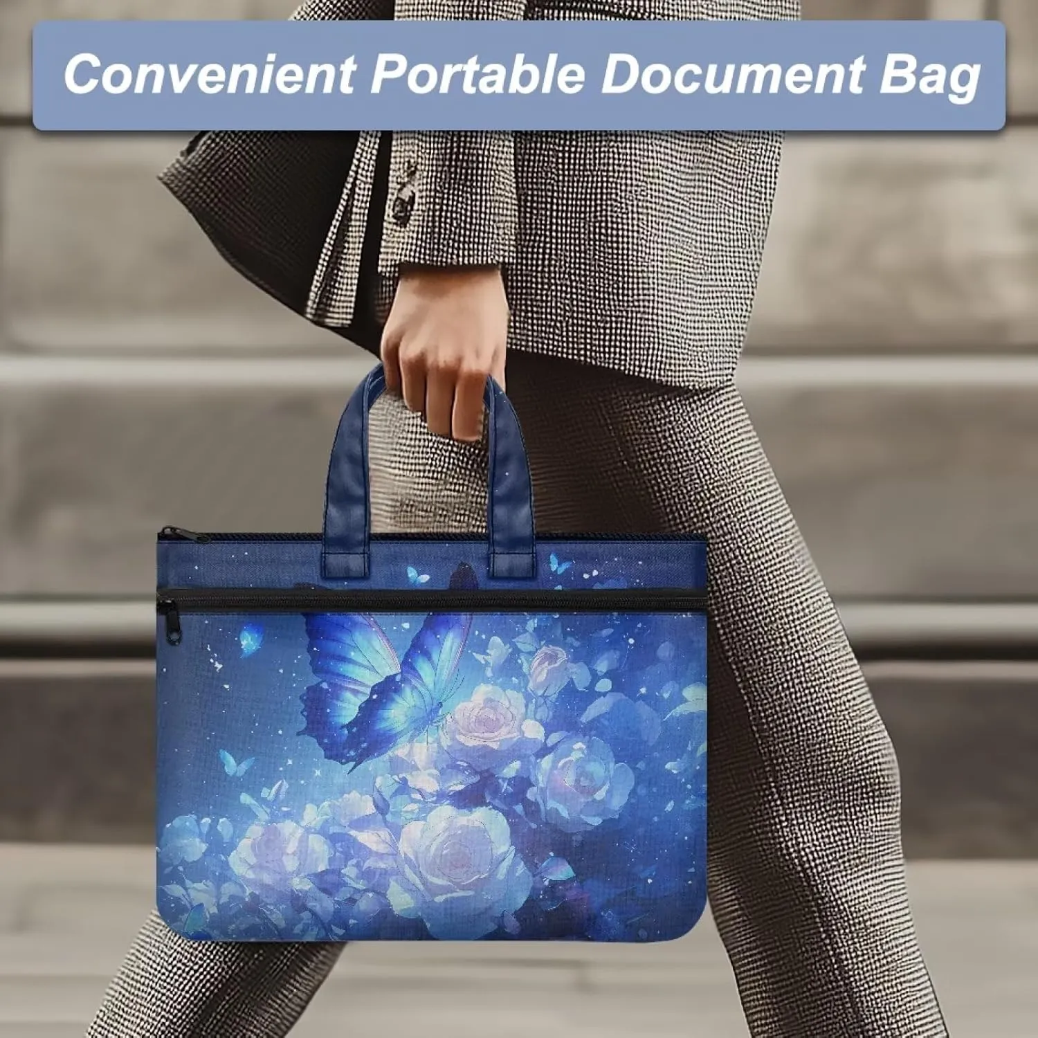 Butterfly Document Storage Organizer Dreamlike Large Canvas Document Organizer with Zipper Light Weight Double Pocket File Bag with Handle Portfolio for Office Meetings Travel