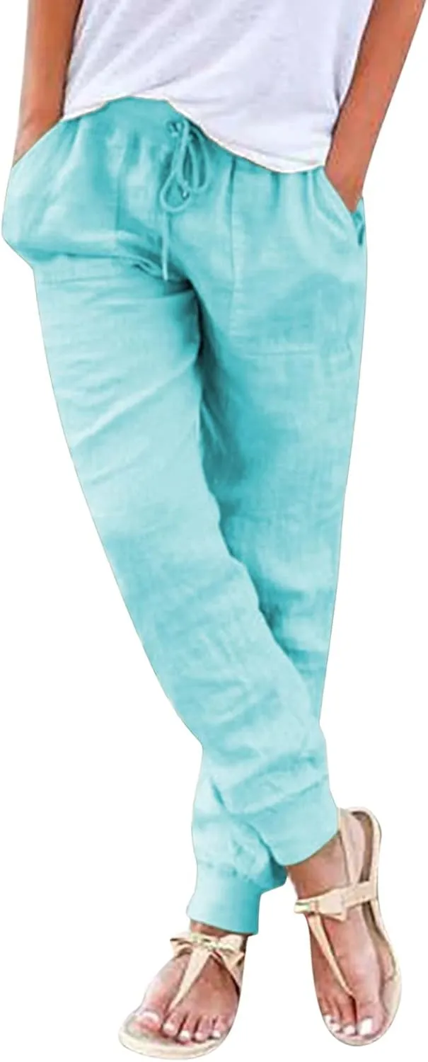 Capri Pants for Women Casual Cotton Linen Wide Leg Cropped Trousers Summer Lounge Palazzo Pant with Pockets
