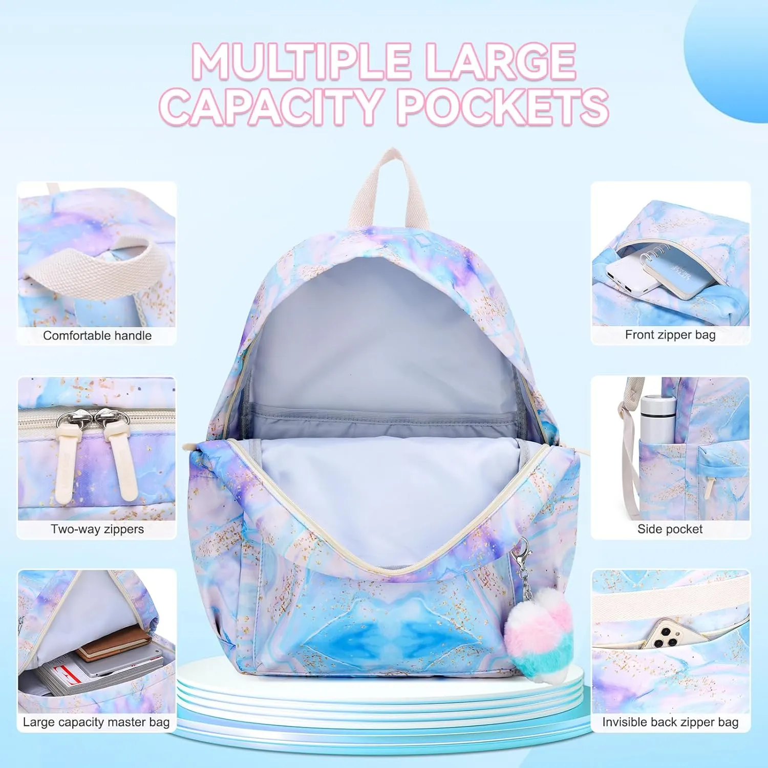 CaranY Kids Backpack Girls and Boys Classic School Backpack Light Weight Two Size Multi-pocket Suitable for ages 6  and aboveBlue Purple