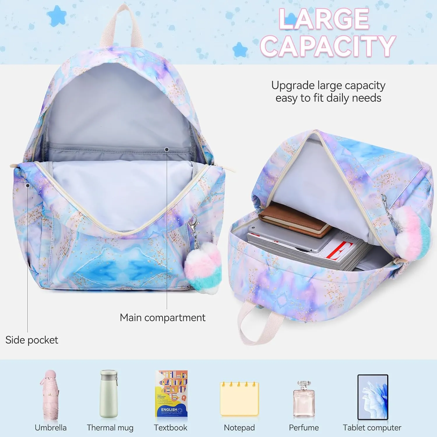 CaranY Kids Backpack Girls and Boys Classic School Backpack Light Weight Two Size Multi-pocket Suitable for ages 6  and aboveBlue Purple