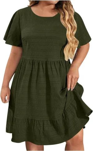 Casual Dresses for Women Plus Size Loose Short Sleeve Solid Color Dress Fashion Pleated Vacation Summer Sundress