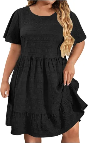 Casual Dresses for Women Plus Size Loose Short Sleeve Solid Color Dress Fashion Pleated Vacation Summer Sundress