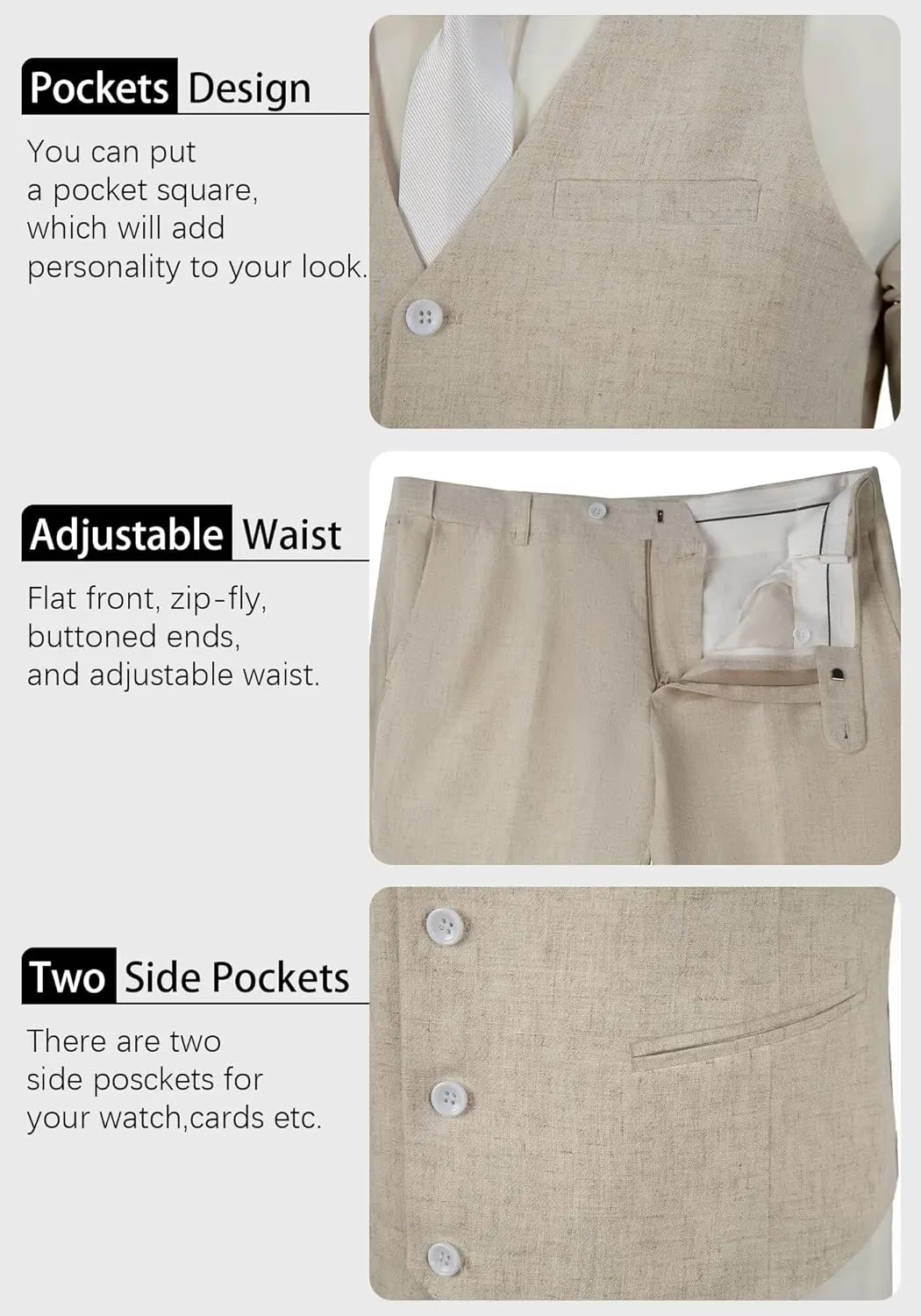 Casual Linen Beige Men's 2 Piece Suits Wedding Suits Slim Fit Groomsmen Tuxedos Prom Waistcoat Summer Linen Vest Pant