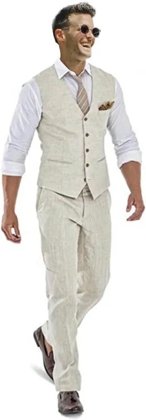 Casual Linen Beige Men's 2 Piece Suits Wedding Suits Slim Fit Groomsmen Tuxedos Prom Waistcoat Summer Linen Vest Pant
