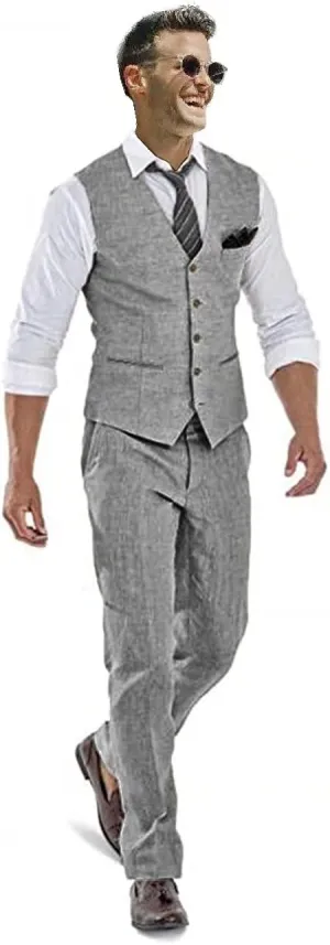 Casual Linen Beige Men's 2 Piece Suits Wedding Suits Slim Fit Groomsmen Tuxedos Prom Waistcoat Summer Linen Vest Pant