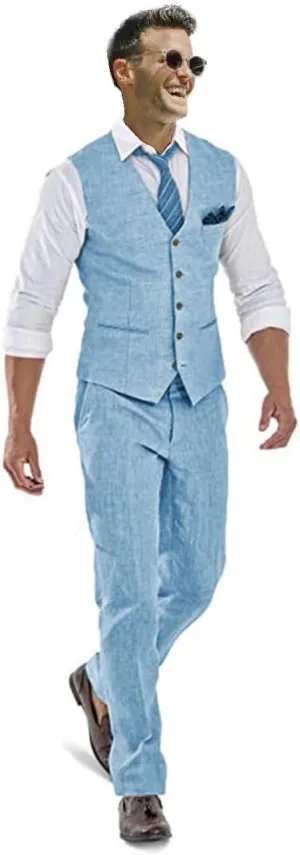 Casual Linen Beige Men's 2 Piece Suits Wedding Suits Slim Fit Groomsmen Tuxedos Prom Waistcoat Summer Linen Vest Pant