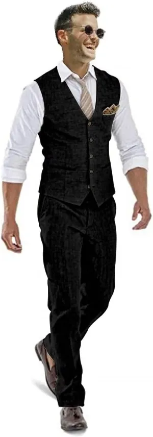 Casual Linen Beige Men's 2 Piece Suits Wedding Suits Slim Fit Groomsmen Tuxedos Prom Waistcoat Summer Linen Vest Pant