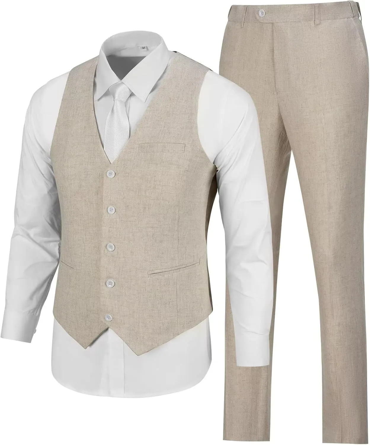 Casual Linen Beige Men's 2 Piece Suits Wedding Suits Slim Fit Groomsmen Tuxedos Prom Waistcoat Summer Linen Vest Pant
