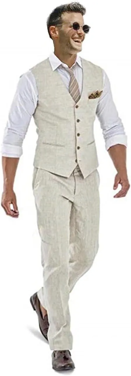 Casual Linen Beige Men's 2 Piece Suits Wedding Suits Slim Fit Groomsmen Tuxedos Prom Waistcoat Summer Linen Vest Pant