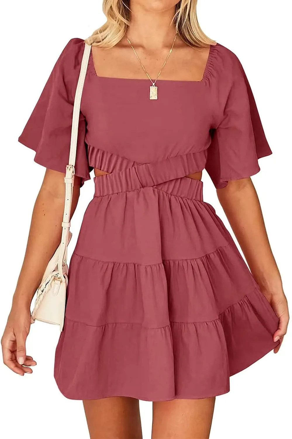 Ceboyel Women Square Neck Short Dress Cutout Tiered Summer Dresses Ruffle Casual Cute Mini Dress Vacation Outfits 2023