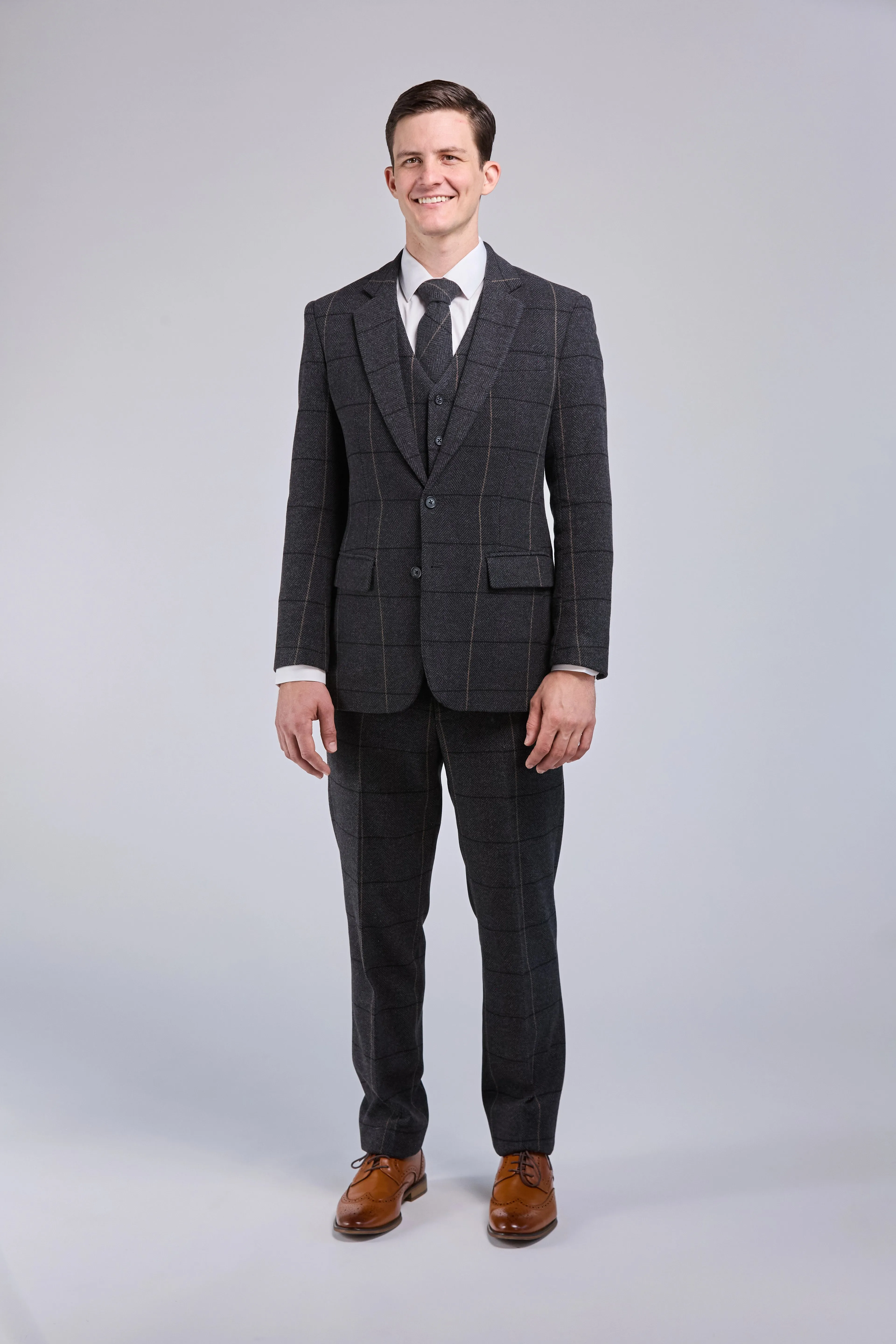 Charcoal Grey Overcheck Tweed 3 Piece Suit