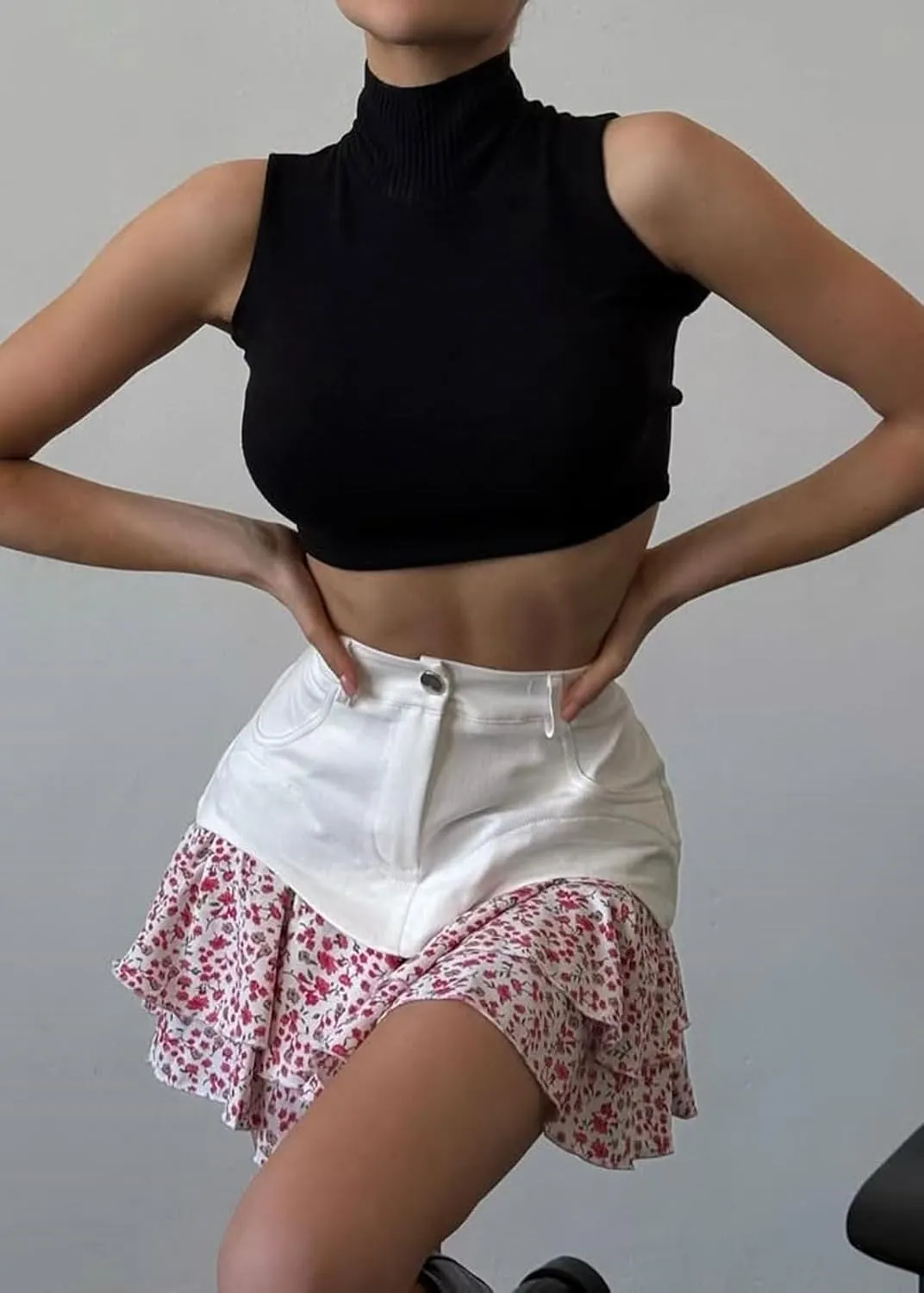 CHARTOU Women High Waisted Ruffle Floral Short Skirt Y2k Patchwork A Line Chiffon Pleated Mini Skirt