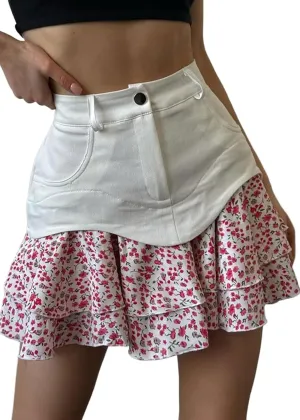 CHARTOU Women High Waisted Ruffle Floral Short Skirt Y2k Patchwork A Line Chiffon Pleated Mini Skirt