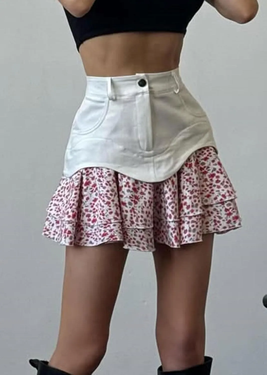 CHARTOU Women High Waisted Ruffle Floral Short Skirt Y2k Patchwork A Line Chiffon Pleated Mini Skirt